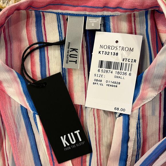 NWT KUT from the Kloth Kut Pink, Blue & White Stripe "Jasmine" Blouse - SIZE S - Picture 6 of 9